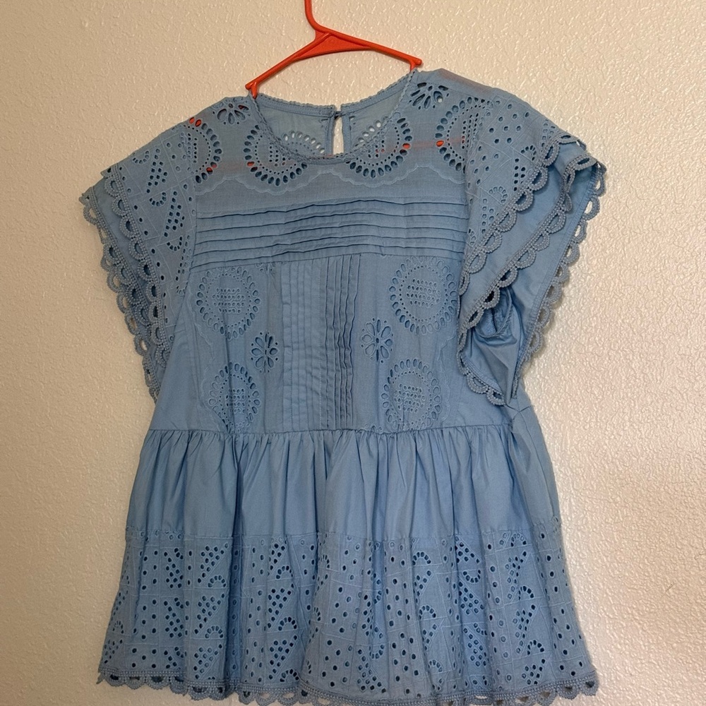 Eyelet Ruffled Top - Light Blue